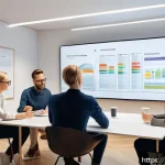 Home 23 OTT 플랫폼 콘텐츠 제공사 - A modern OTT content strategy meeting scene in a bright Scandinavian office with diverse professiona...