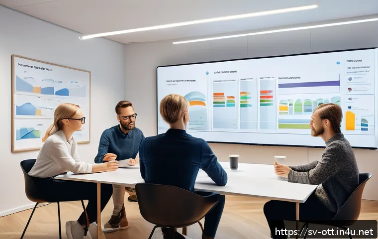 OTT 플랫폼 콘텐츠 제공사 - A modern OTT content strategy meeting scene in a bright Scandinavian office with diverse professiona...