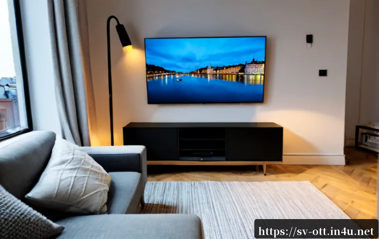 Home 15 OTT 플랫폼 사용자 인터페이스 - Photorealistic Scandinavian living room in Stockholm at dusk, a middle-aged couple relaxing on a lig...