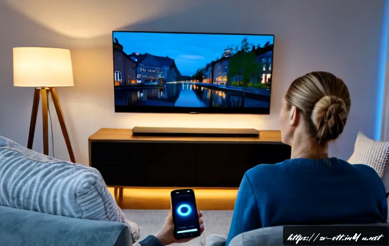 OTT와 5G 네트워크 - Photorealistic modern Swedish living room at dusk, a relaxed middle-aged couple streaming a movie on...